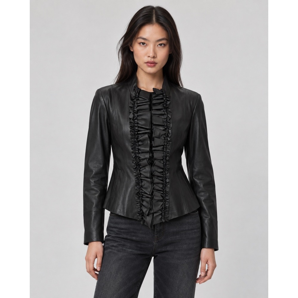 Caché Womens Black Genuine Leather Ruffle Front Jacket Size L Mandarin Collar
